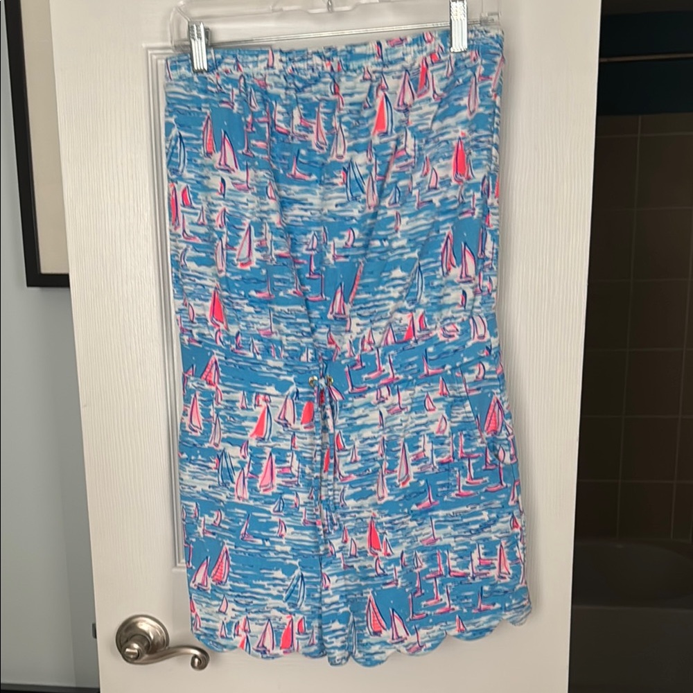 Blue and Pink Sailboat Print Romper; Lilly Pulitzer; Size Medium